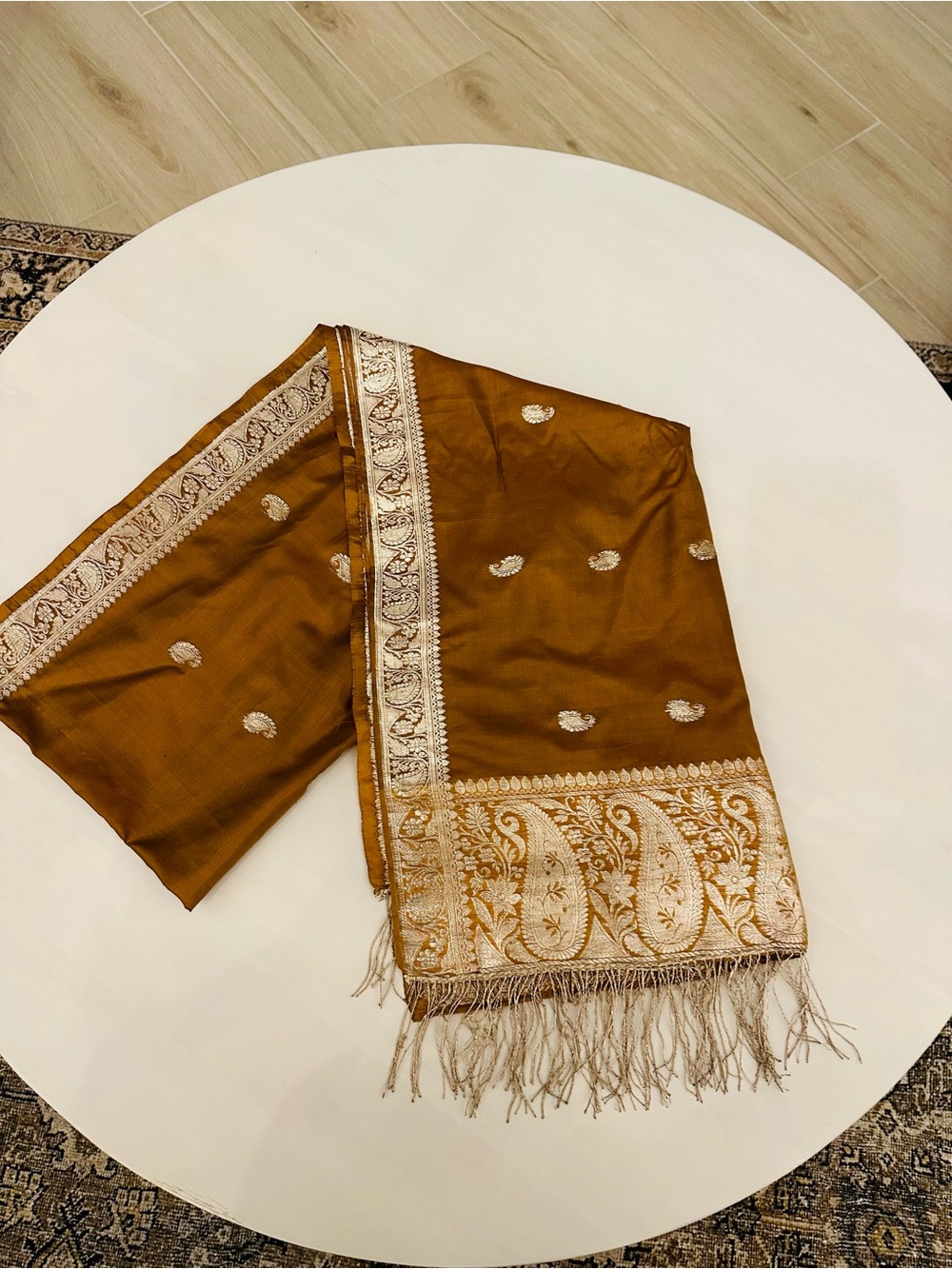 Zari brocade weaving with traditional paisley motifs Pashmina